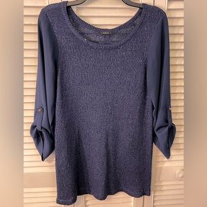Mohito combo blue top.  Sweater knit with polyester sleeves. Tunic style size L